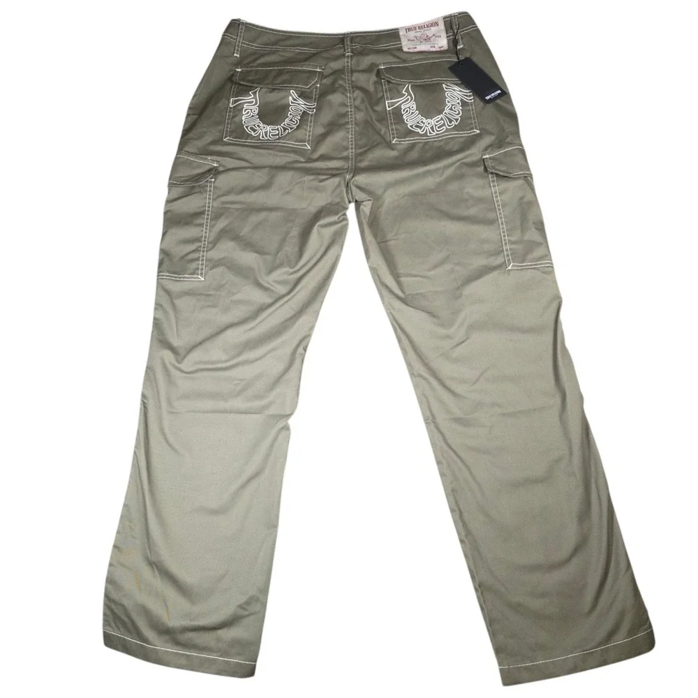 True Religion Mens Olive Green Cargo Pants Contrast Stitch Horseshoe Size 36 NWT